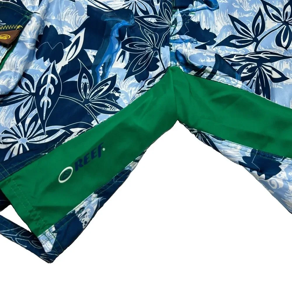 Reef Mens Vtg Y2K Board Shorts 36 Blue Bikini Tropical Floral Swim Trunks Surf
